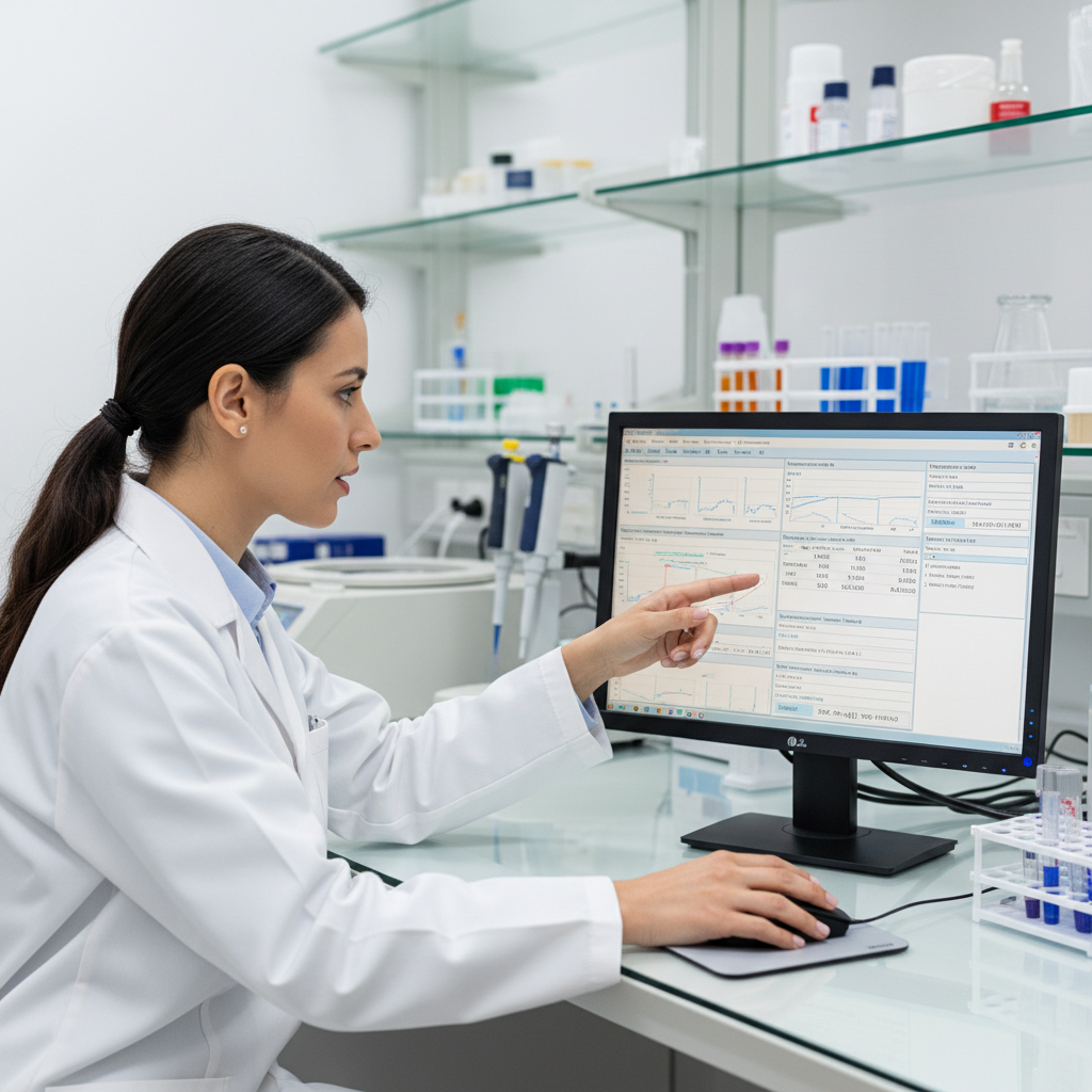 Caucasian female scientist with blonde hair in white lab coat examining data in research laboratory