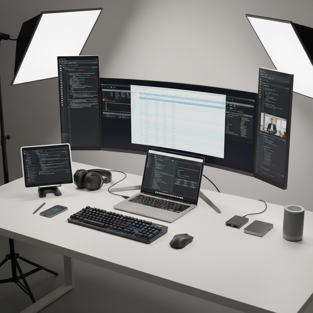 Professional workstation setup with multiple monitors