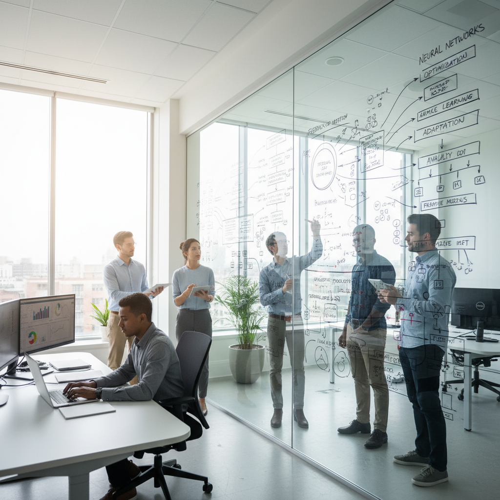 Diverse team of professionals collaborating around whiteboard with strategic diagrams in bright modern office