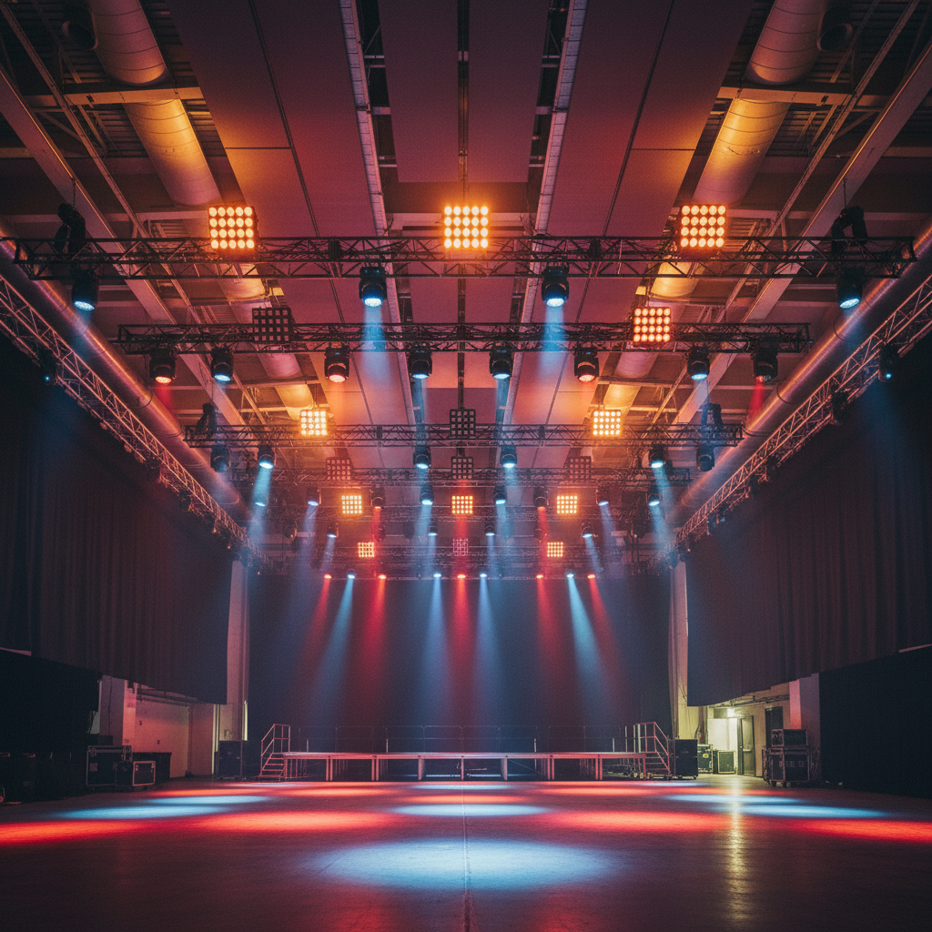 Professional LED stage lighting rig with colourful beams, laser effects, strobe lights illuminating a dark empty dancefloor
