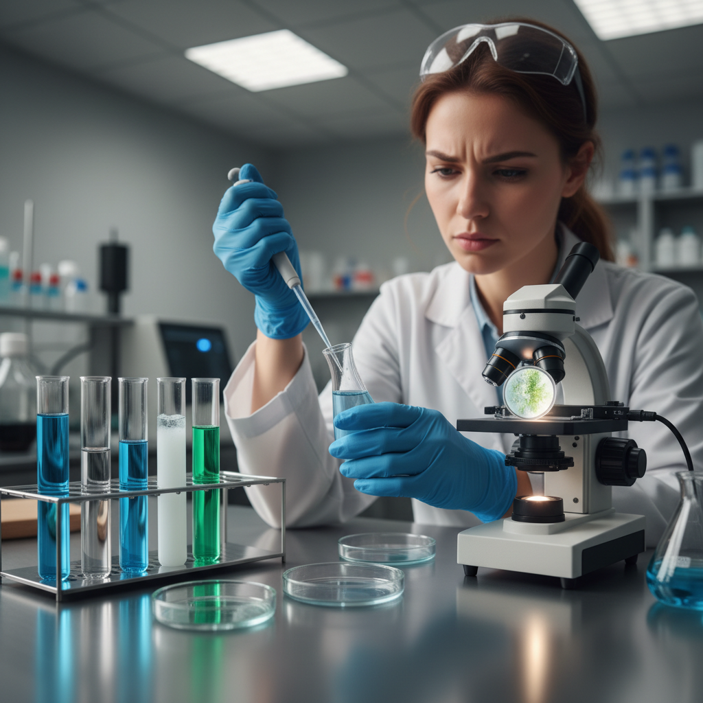 Denise Okafor, water quality specialist, analyzing water samples in laboratory setting