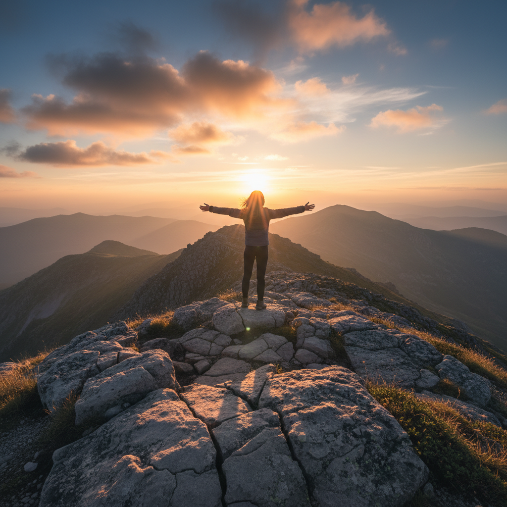 Person standing on mountain peak at sunrise, arms outstretched, silhouetted against orange sky