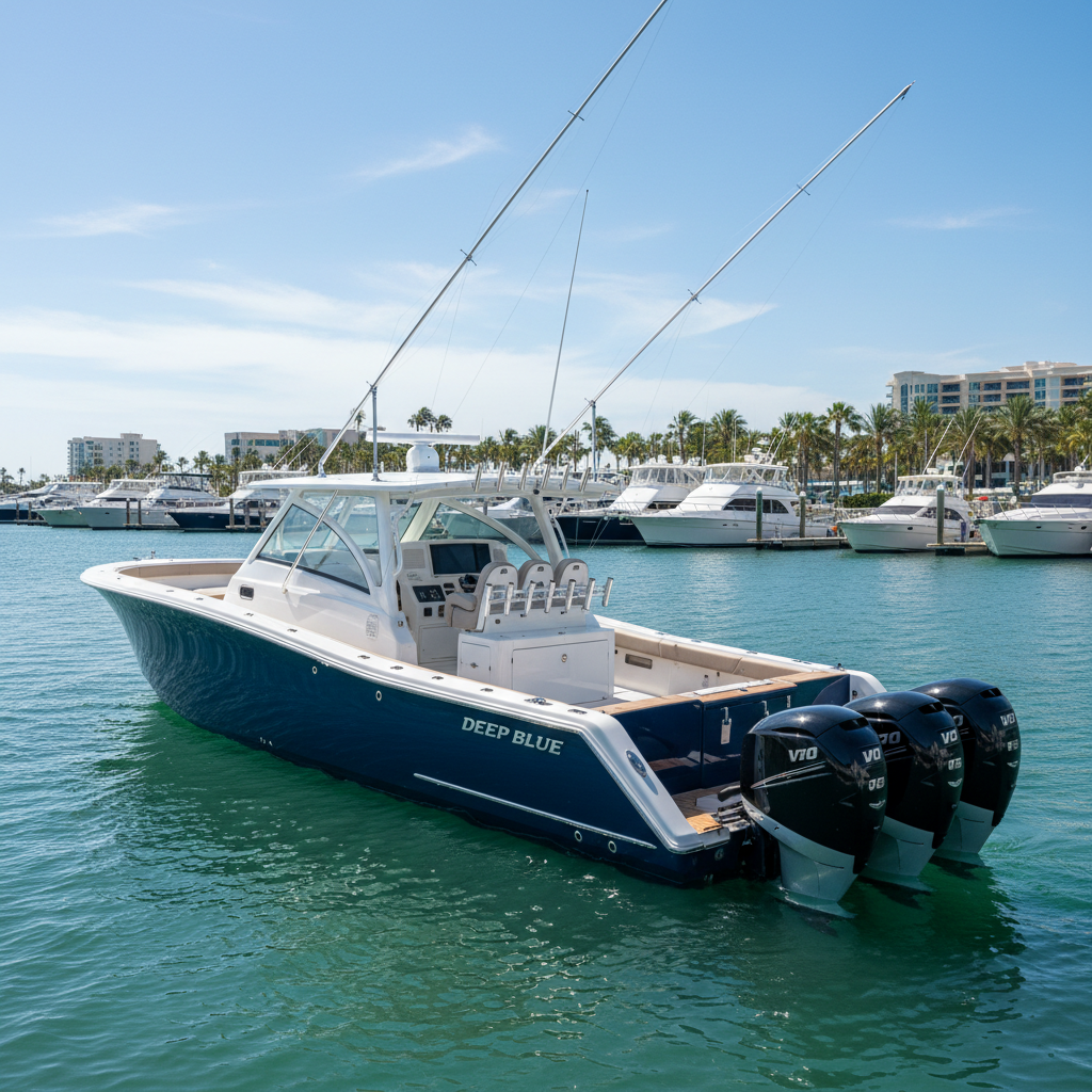 Pursuit offshore sportfishing boat with triple outboards at dock, navy hull and white superstructure
