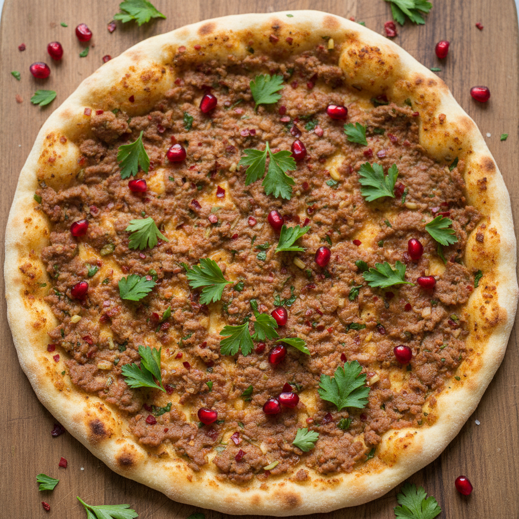 Gaziantep lahmacunu, ince hamur üzerinde kıyma harçlı, limon ve maydanozla servis edilmiş