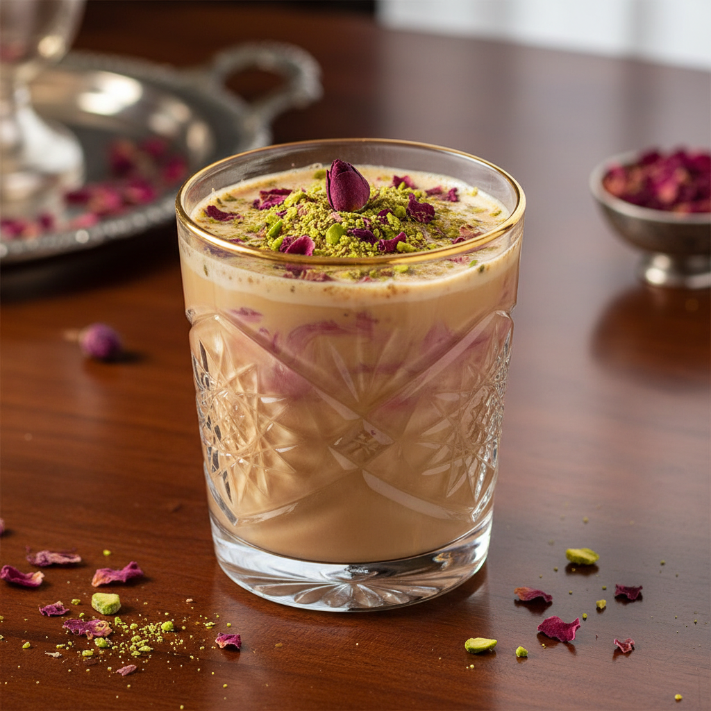 Thandai drink in clay cup with rose petals, saffron and pistachios, warm Indian atmospheric background