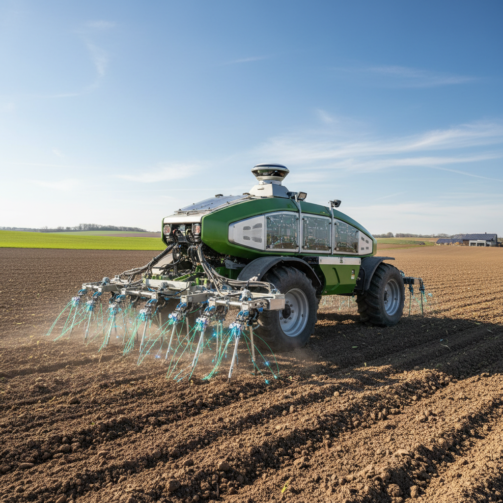 Lush green agricultural field rows under clear sky showing precision farming landscape