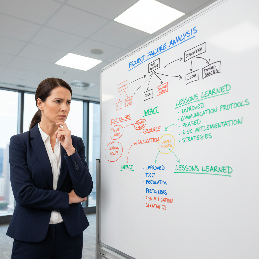 Business professional reviewing project failure analysis on whiteboard with red and green markers