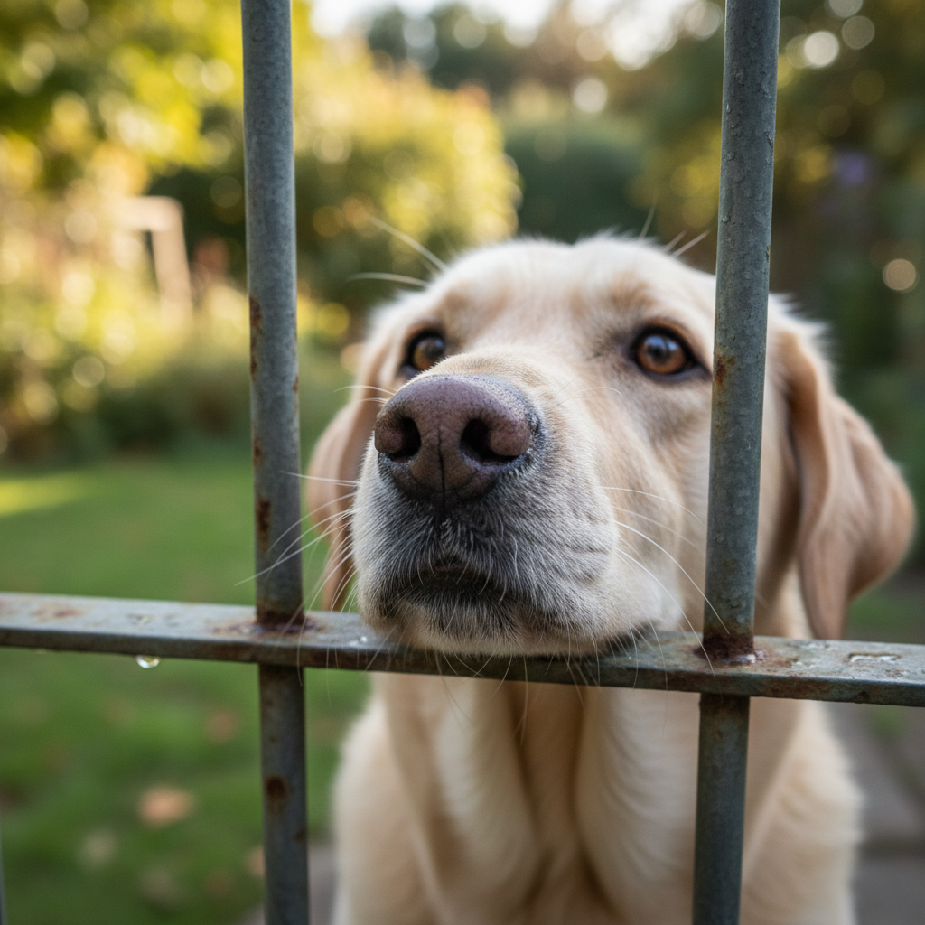 Lab dog nose pressed against fence gate