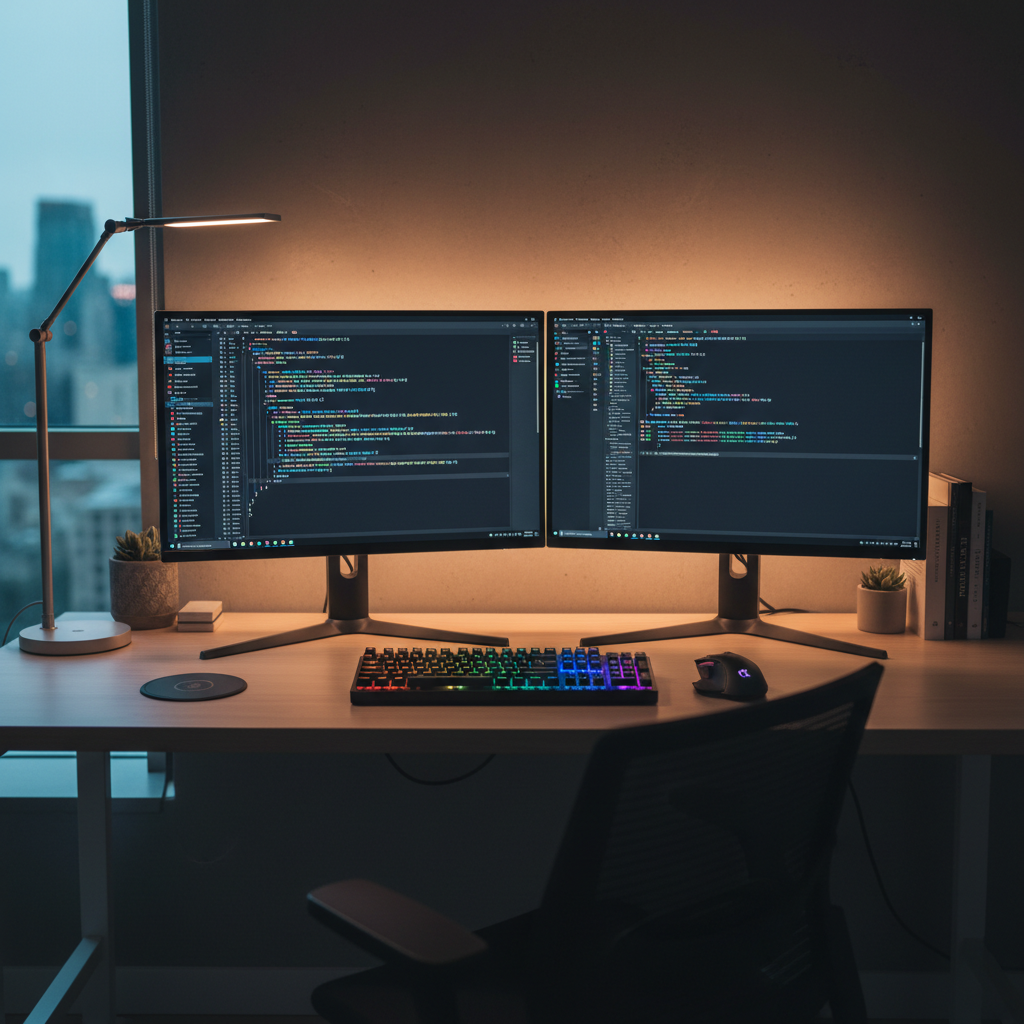 Mechanical keyboard with RGB backlight on dark desk, professional workspace
