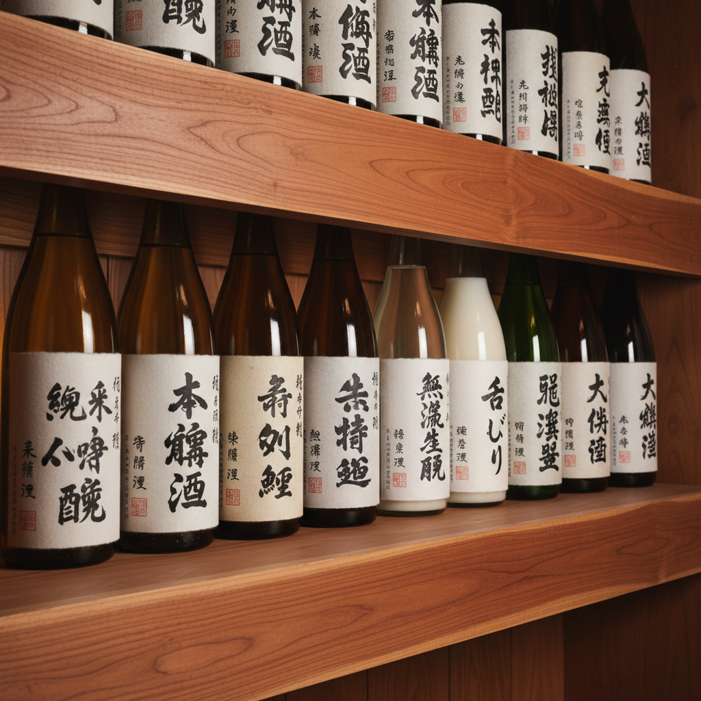A row of isshobin sake bottles with hand-brushed Japanese calligraphy labels on cedar shelving