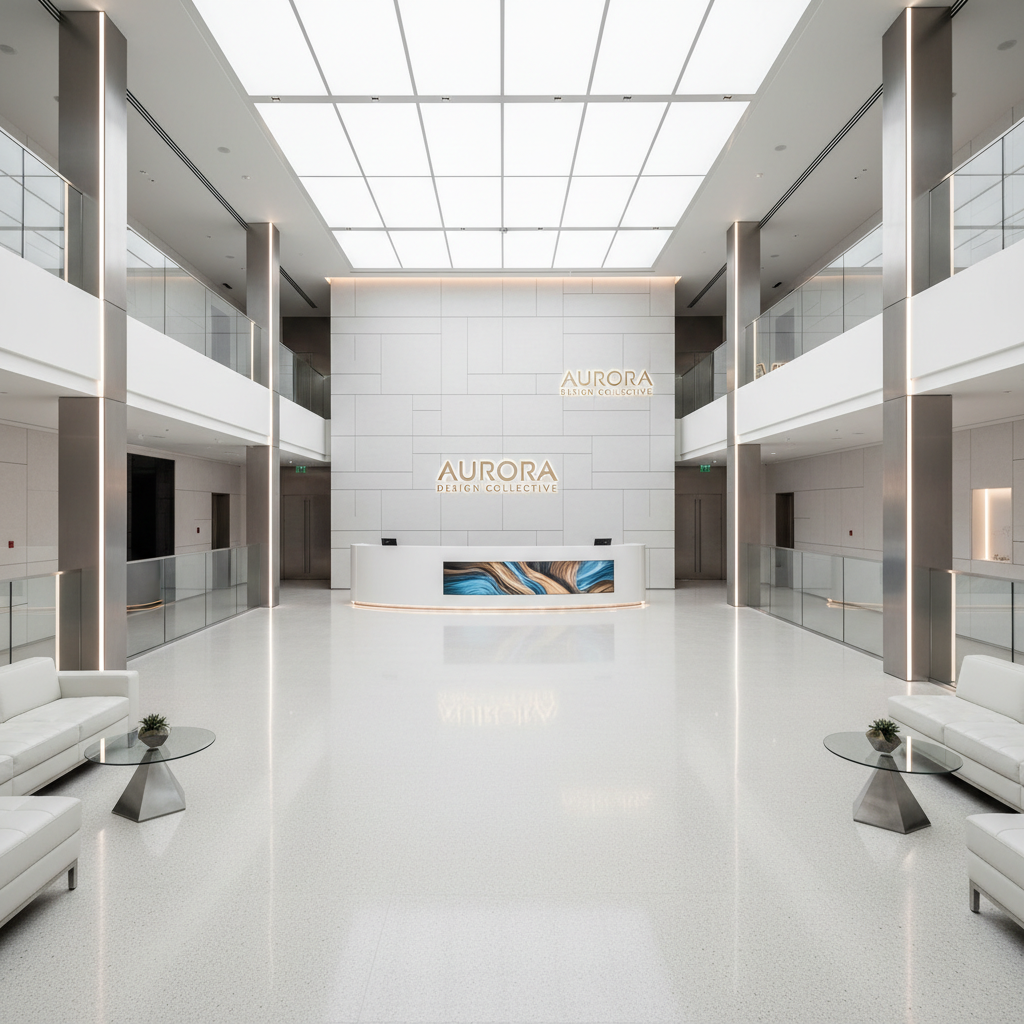 Flagship upper level with open plan layout and branded signage