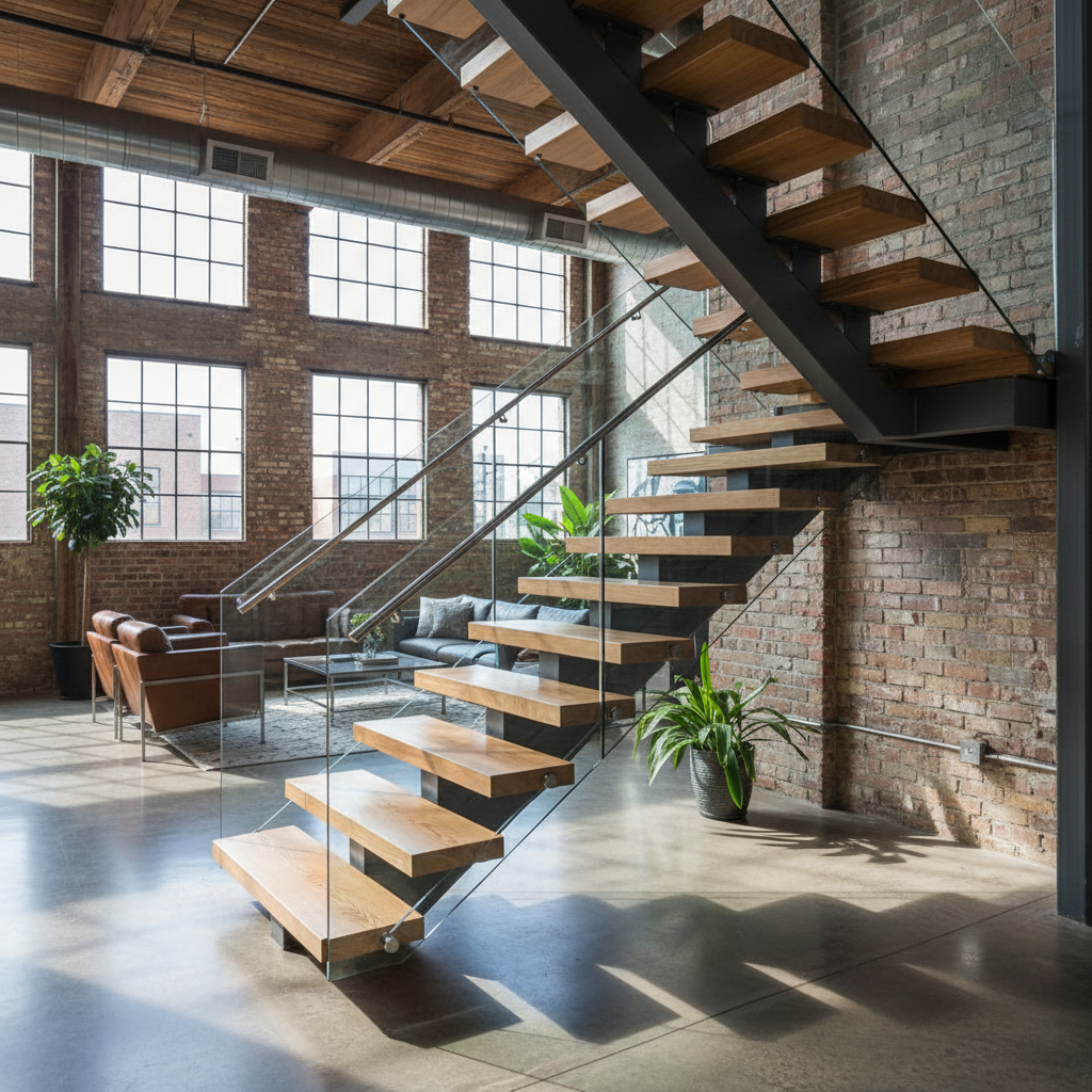 Ash wood and powder-coated steel floating staircase in an Oakland warehouse loft conversion