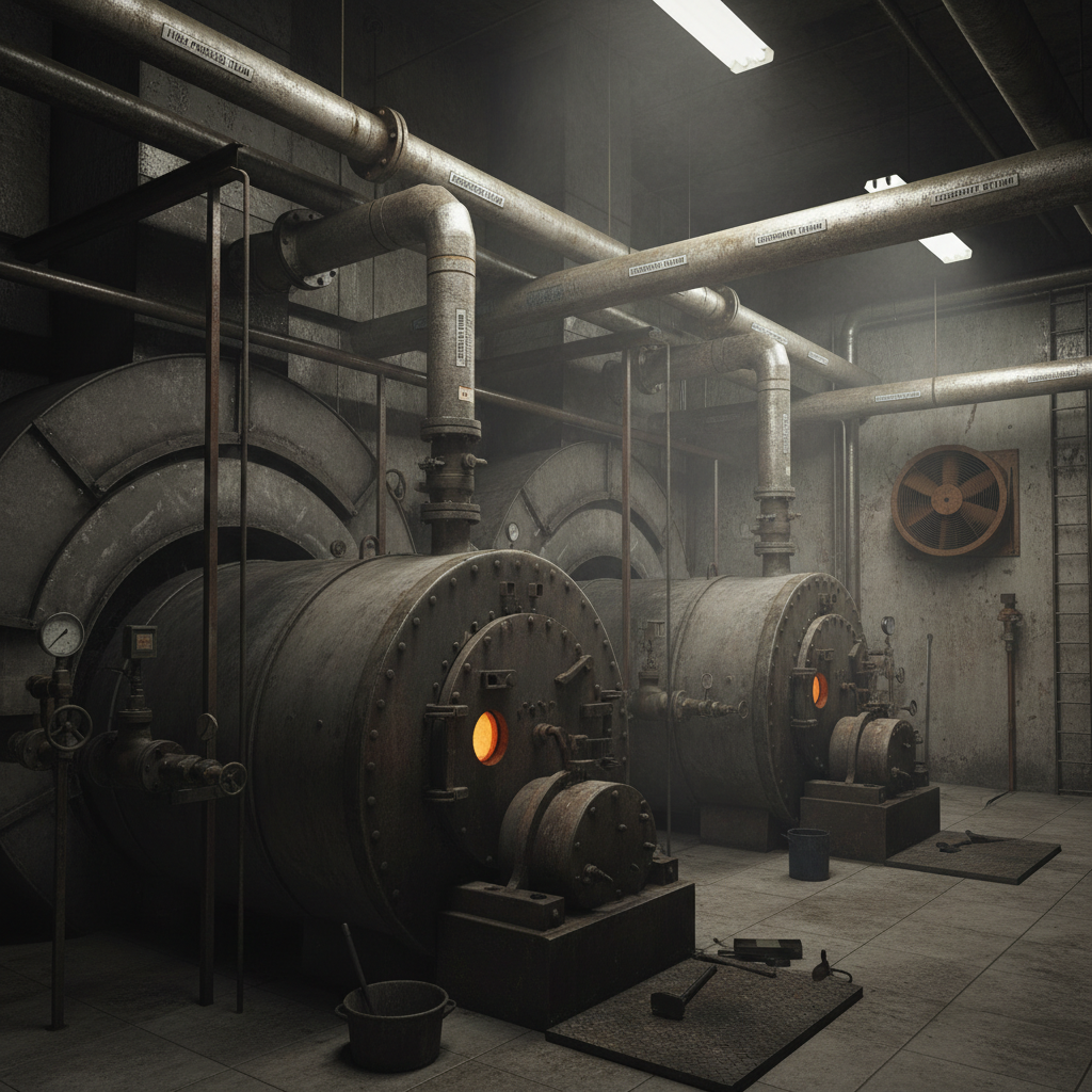 University campus boiler room with large steam boilers and labeled pipes running along concrete walls