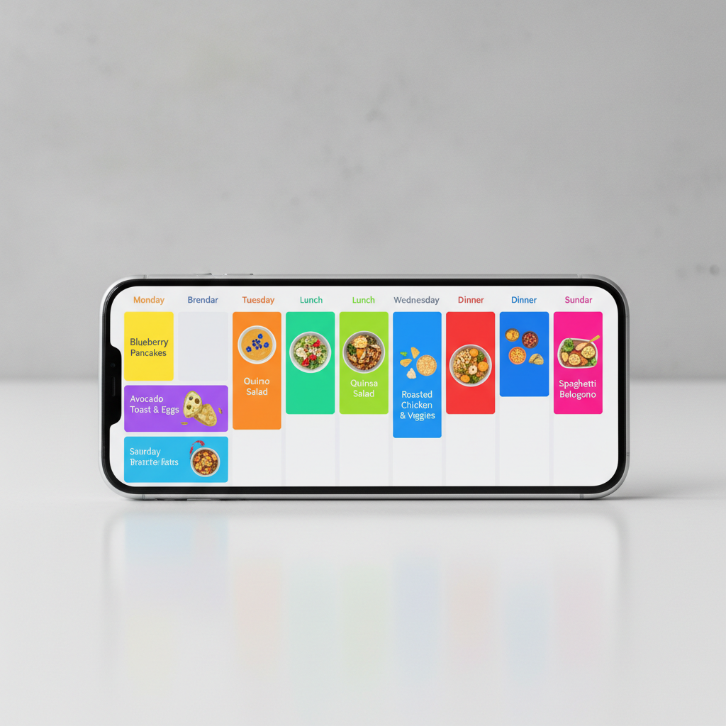 Open meal planning notebook with colorful recipe cards, fresh ingredients, and calendar showing Ramadan dates on wooden kitchen table