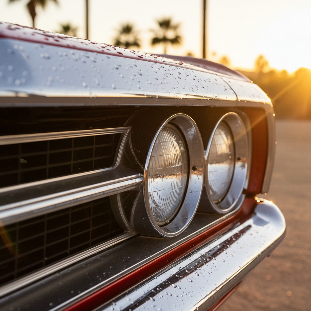 Muscle car chrome details catching amber sunlight
