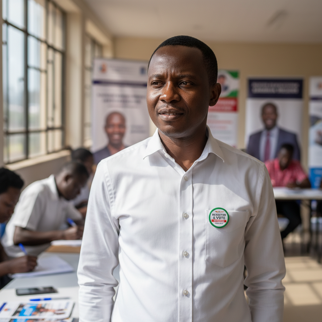 Humanitarian workers distributing supplies in a rural African village, late afternoon golden light, community gathered