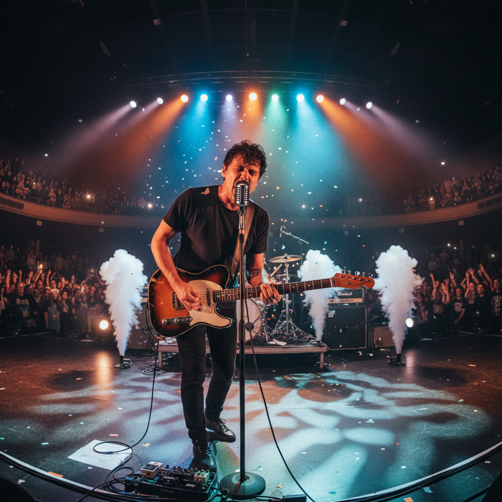 Mateo Villanueva, indie rock artist, performing on stage