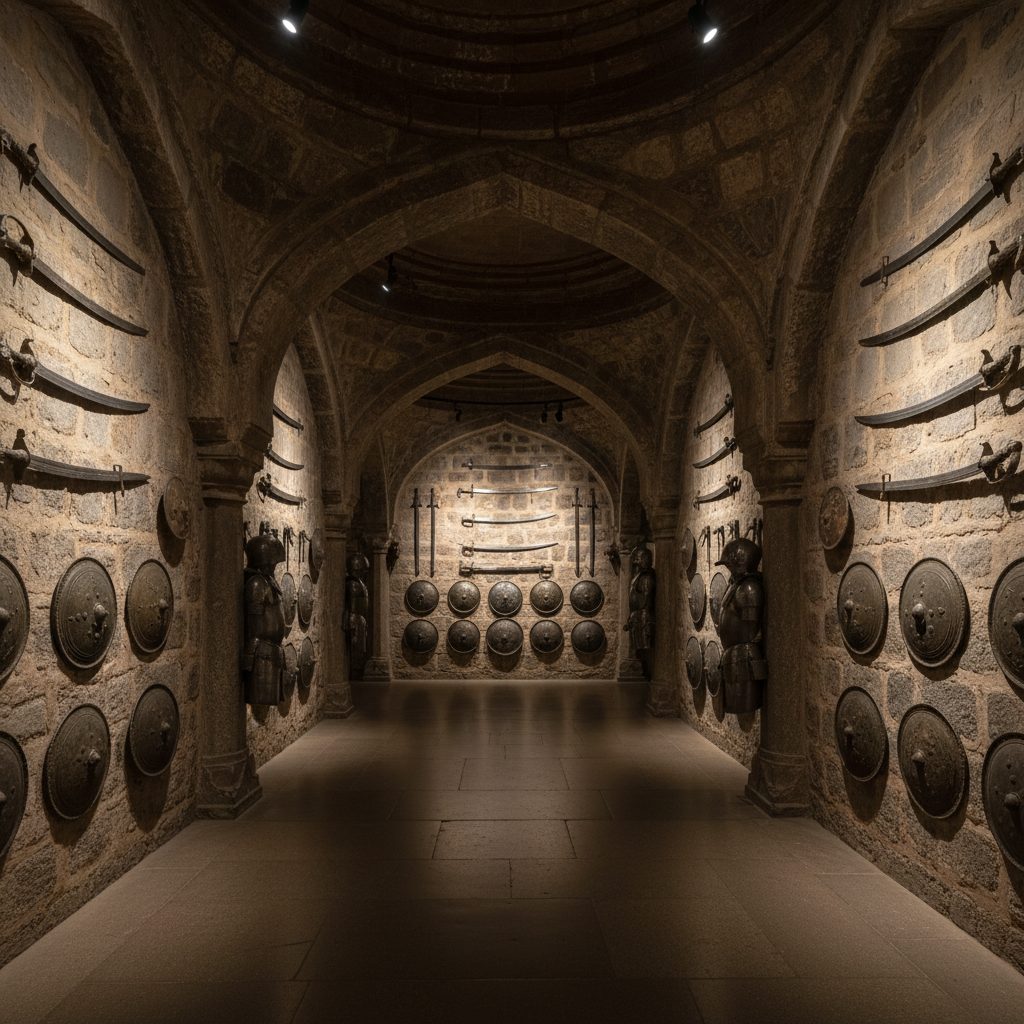 Palace armoury gallery with antique Rajput weapons, shields, and armour displayed on stone walls, dramatic spotlighting, vaulted ceiling