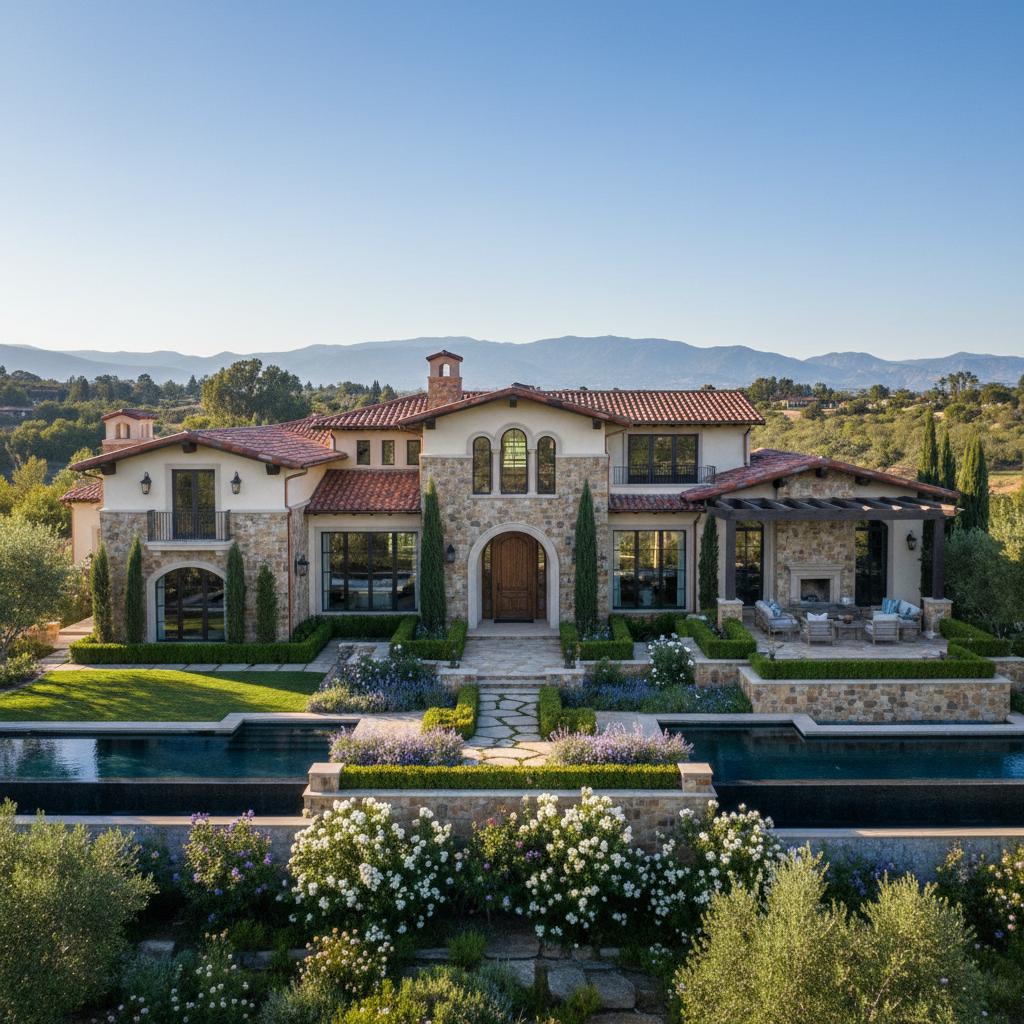 Elegant estate home with Spanish tile roof, desert landscaping, warm California light
