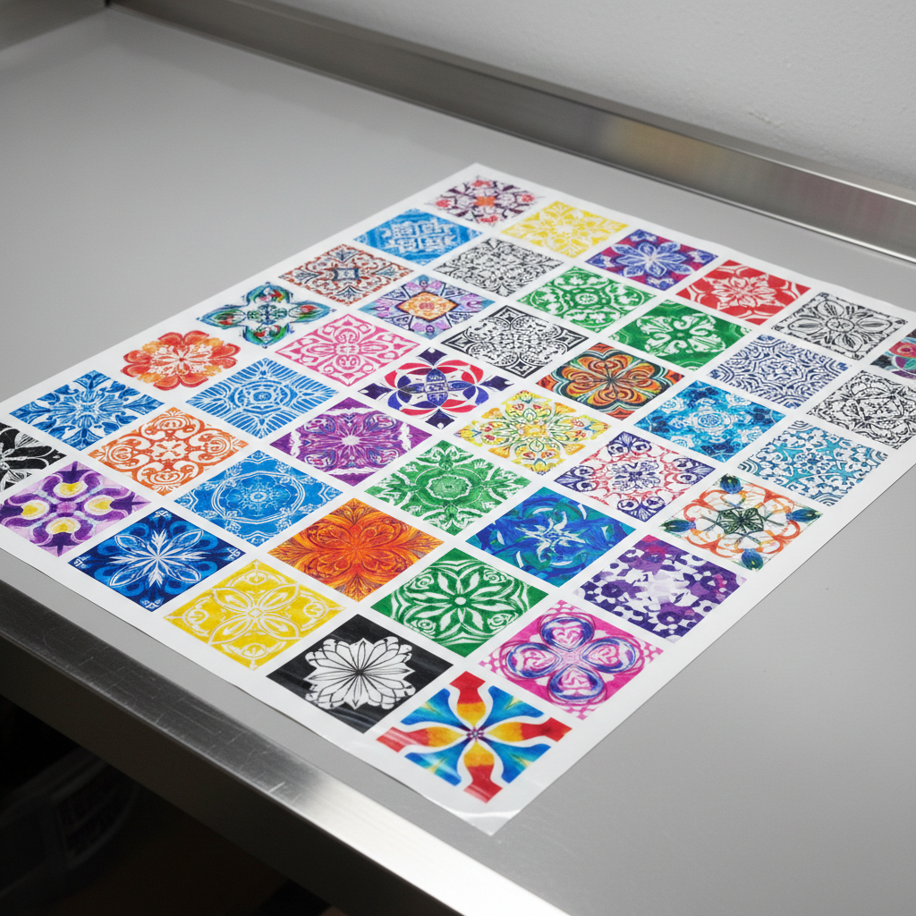 Vibrant full-color DTF transfer print on black cotton t-shirt under studio light, dark background, sharp detail