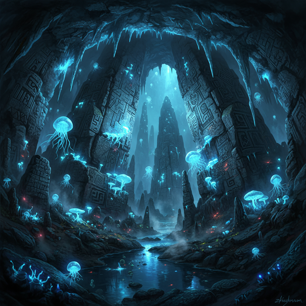 Dark underground cave with bioluminescent glow, mysterious blue light, ancient cavern
