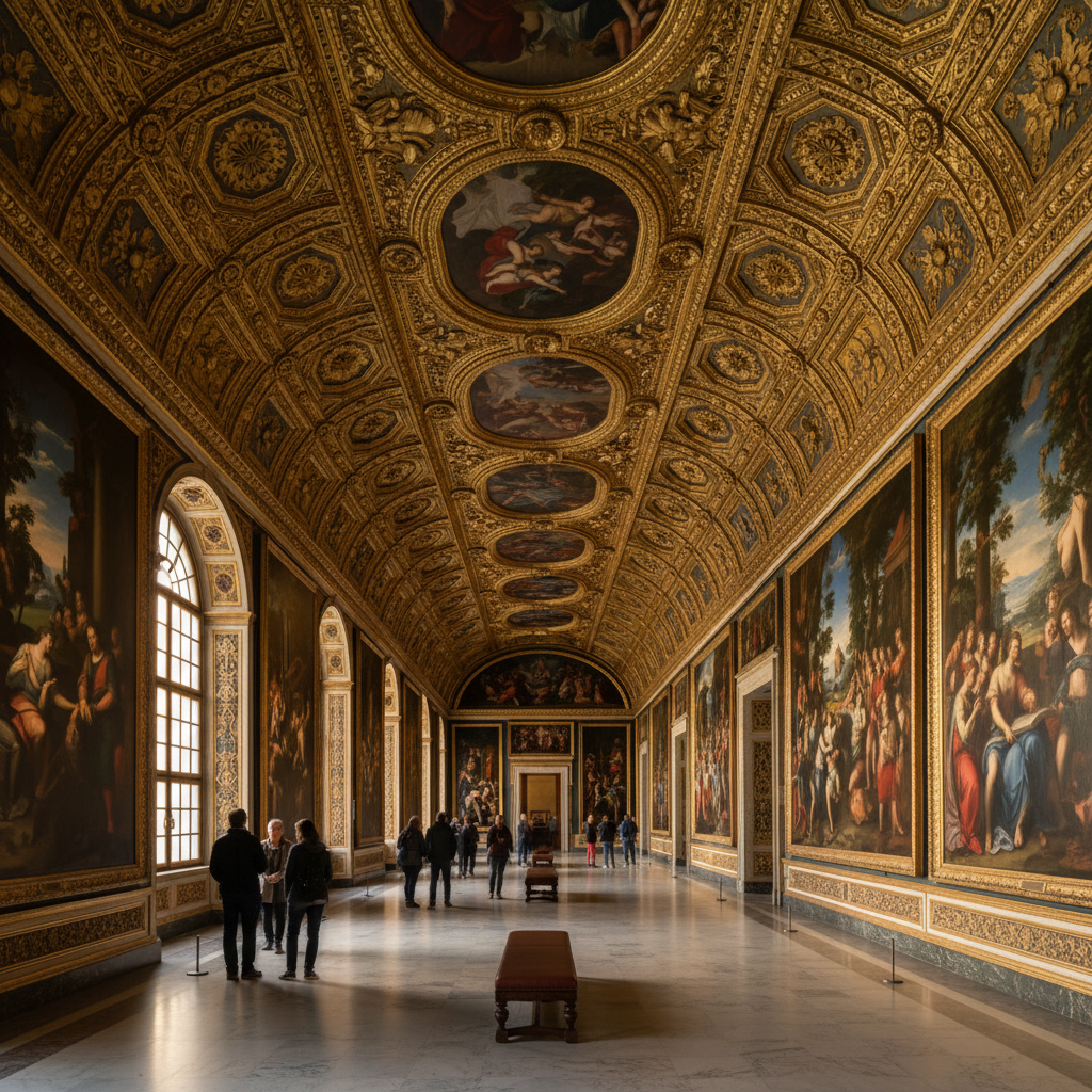 Grand museum gallery with high ceilings displaying Old Master paintings in gilded frames under warm spotlights