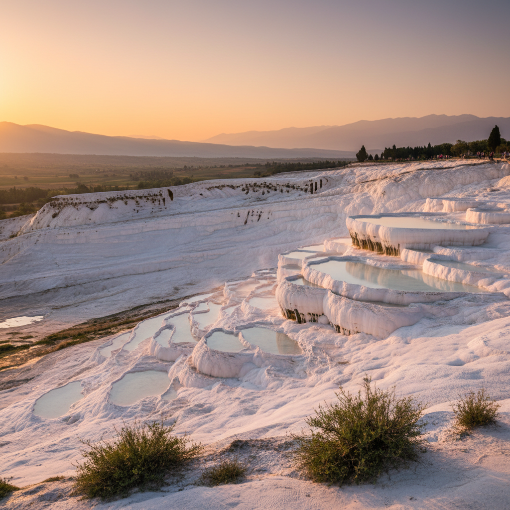 White calcium travertine cliffs cascading down Pamukkale hillside at sunset
