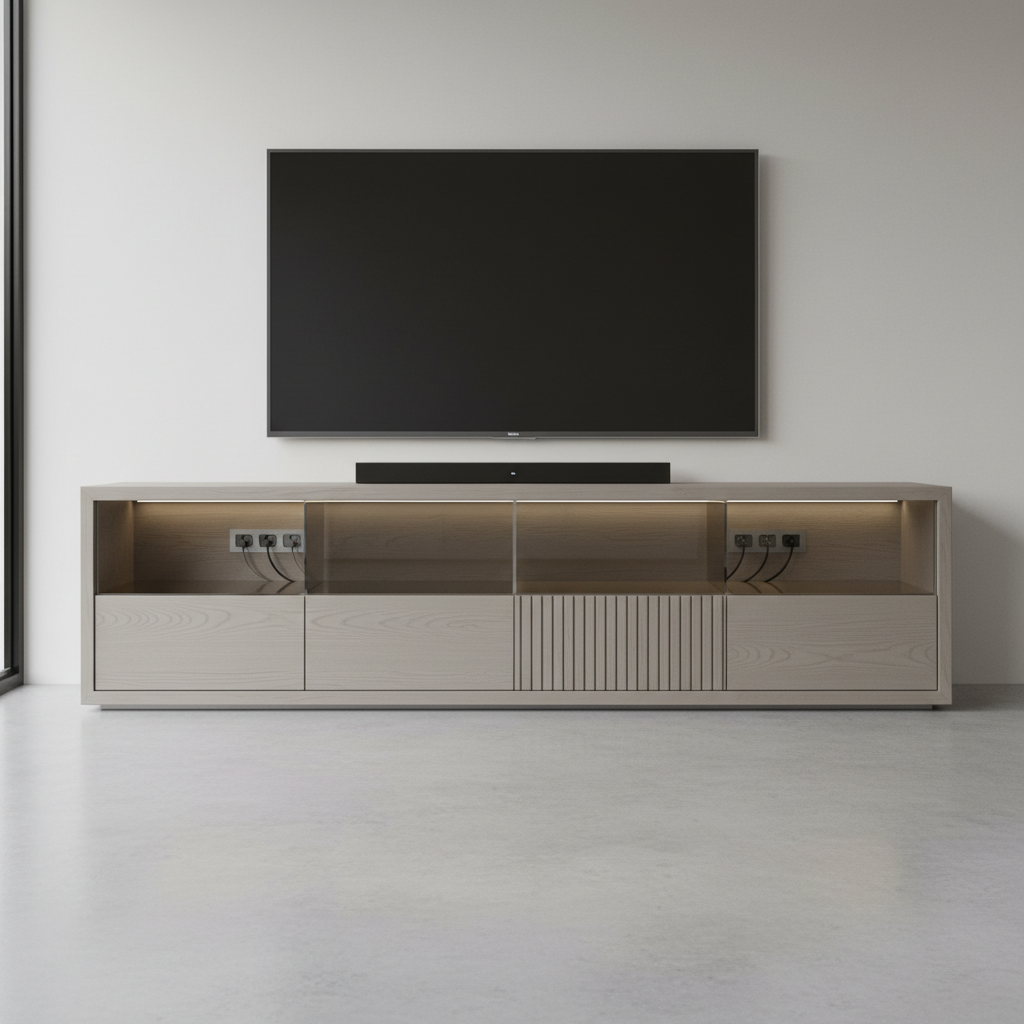TV Entertainment Unit — Modern TV entertainment unit with open shelves, closed cabin