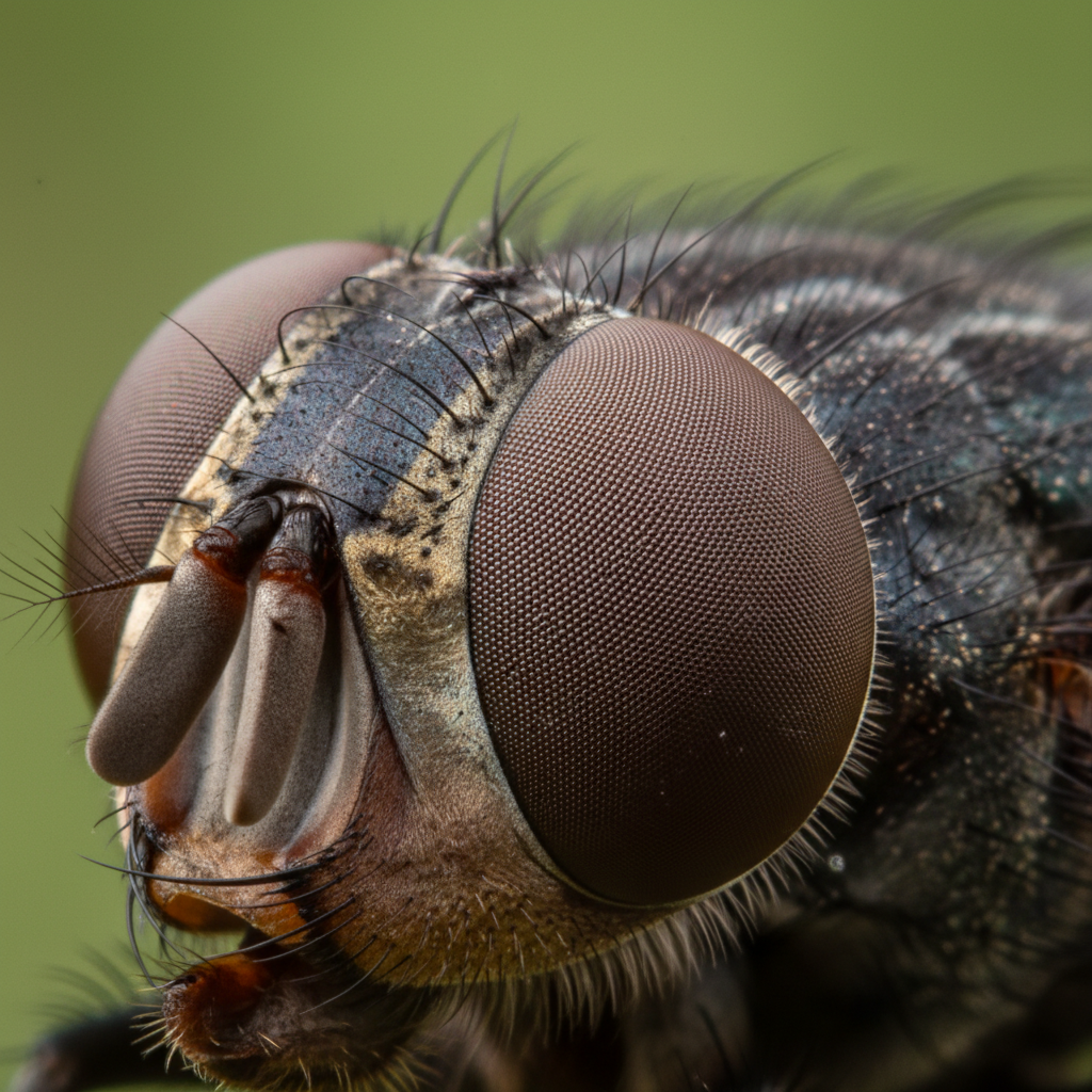 Macro photograph of a fly showing compound eye facets in extreme detail