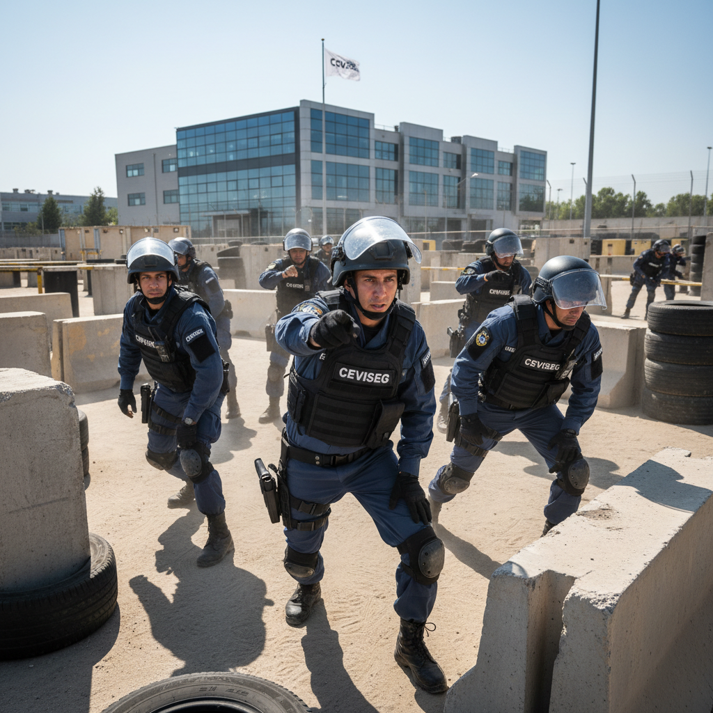Security training session, group of guards in formation, bright outdoor environment, instructor leading drill