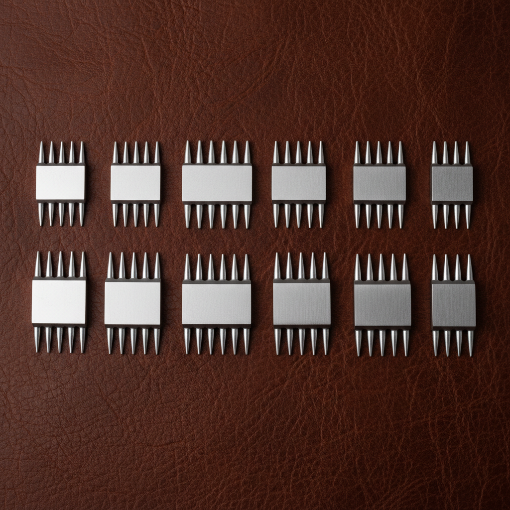 Various stitching irons laid out on a leather surface showing different prong spacings