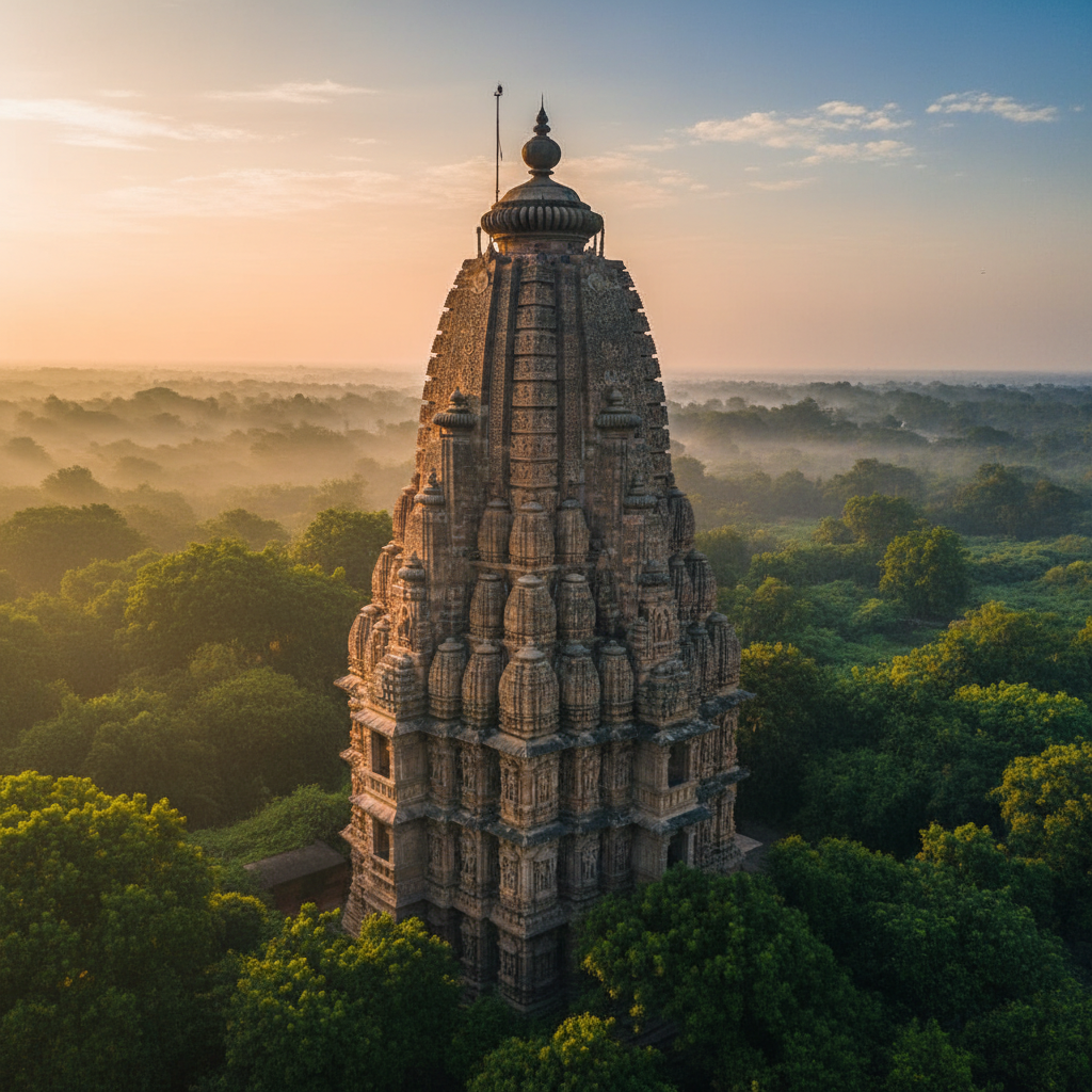 Aerial view of temple shikhara tower rising above tree canopy at golden hour