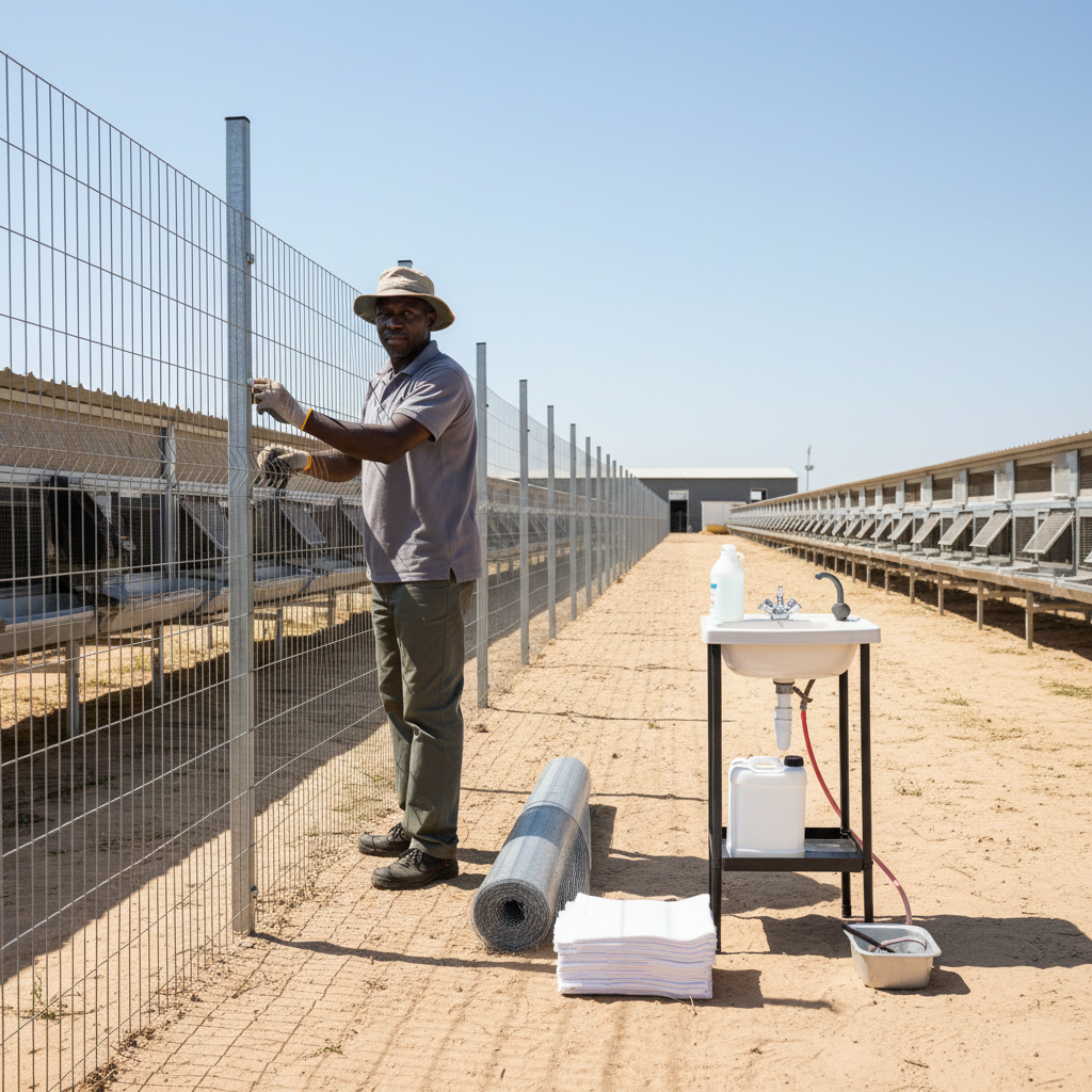 African farmer setting up modern rabbit farm biosecurity systems