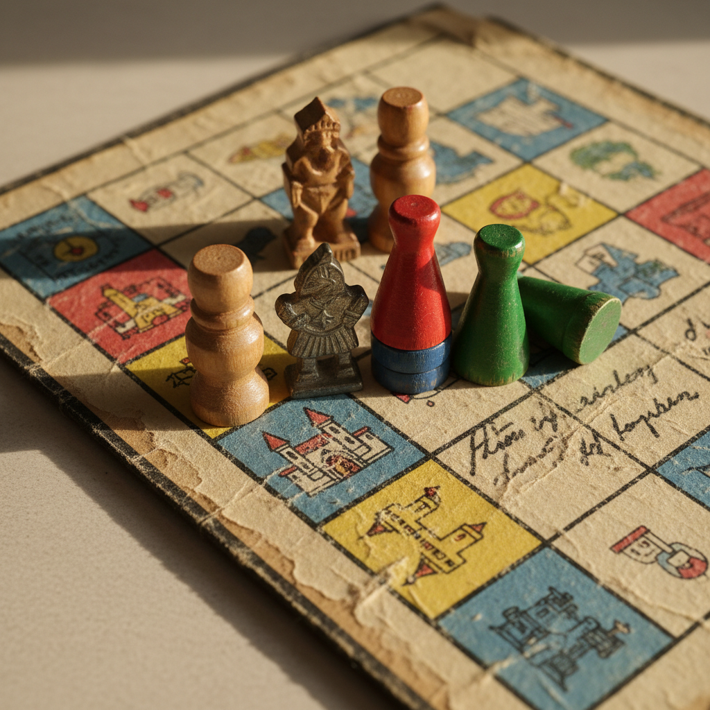 Classic board game pieces arranged on faded game board with worn edges