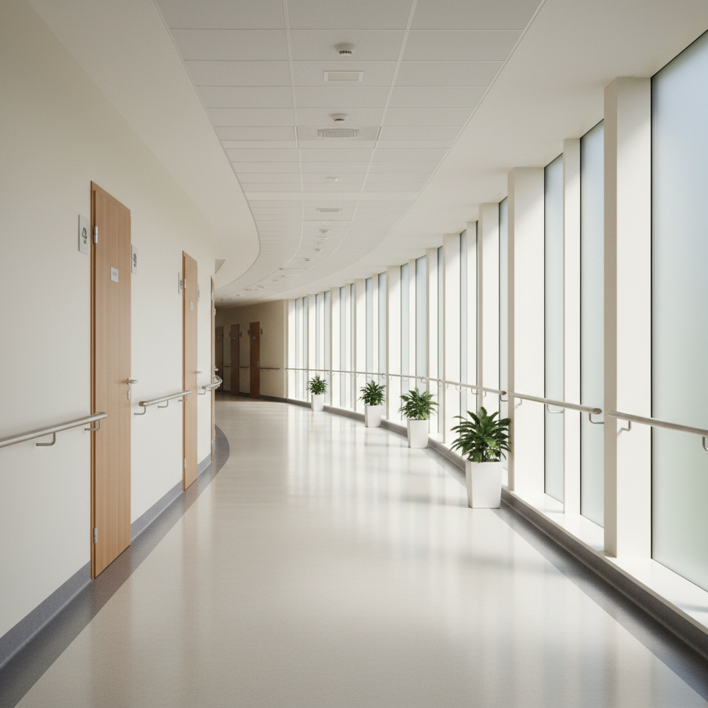 Peaceful hospital corridor with warm light streaming through windows, symbolizing the intersection of medicine and spiritual care