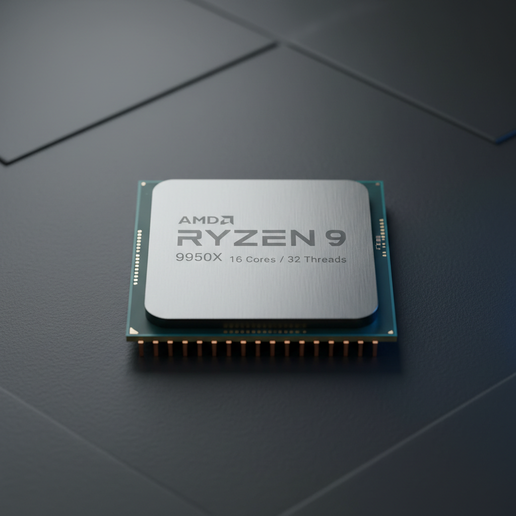 AMD Ryzen 9 CPU processor chip on dark background, metallic surface
