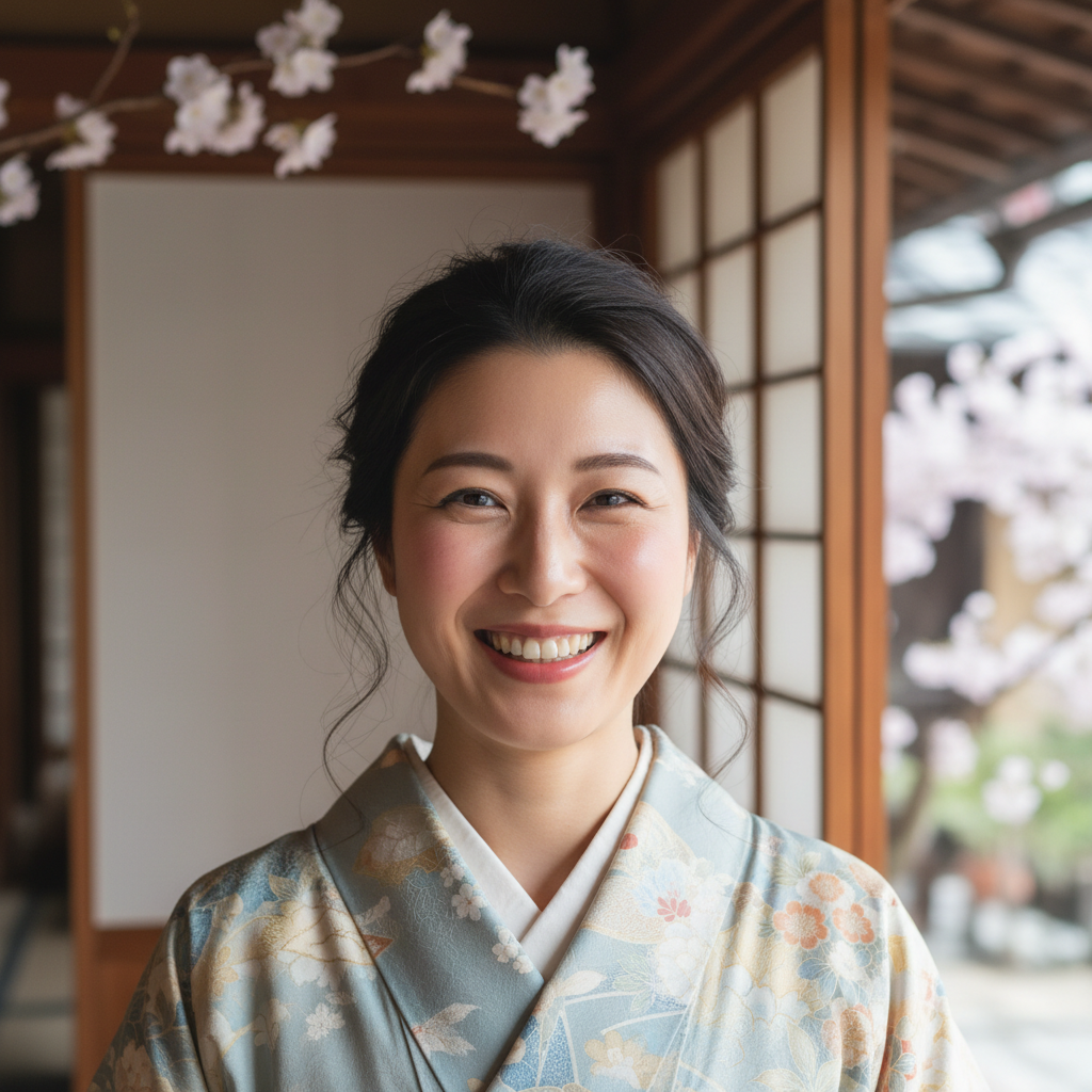 Japanese woman smiling, soft studio lighting