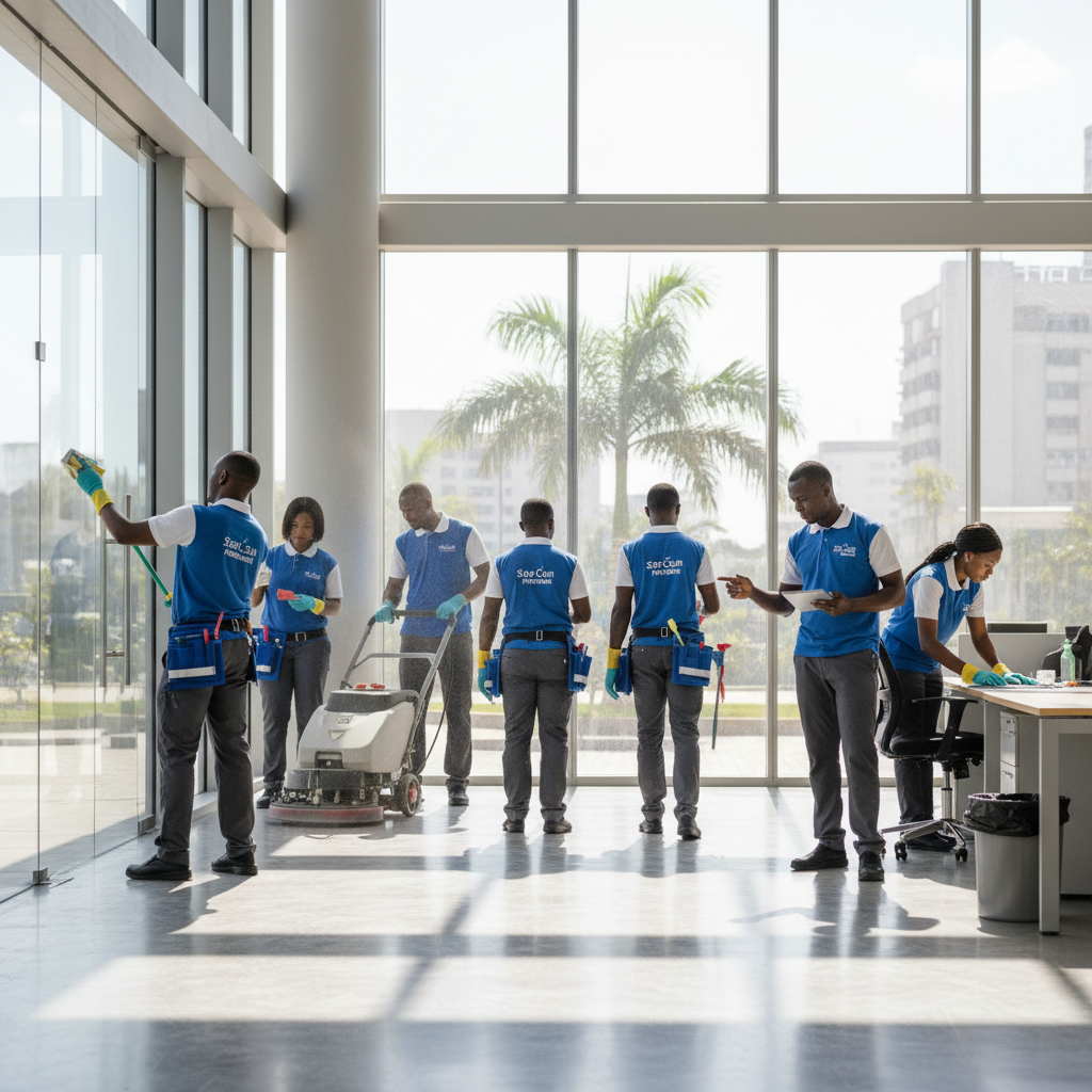 Professional cleaning team in uniform working in a bright commercial space, dark uniforms, well-lit modern interior
