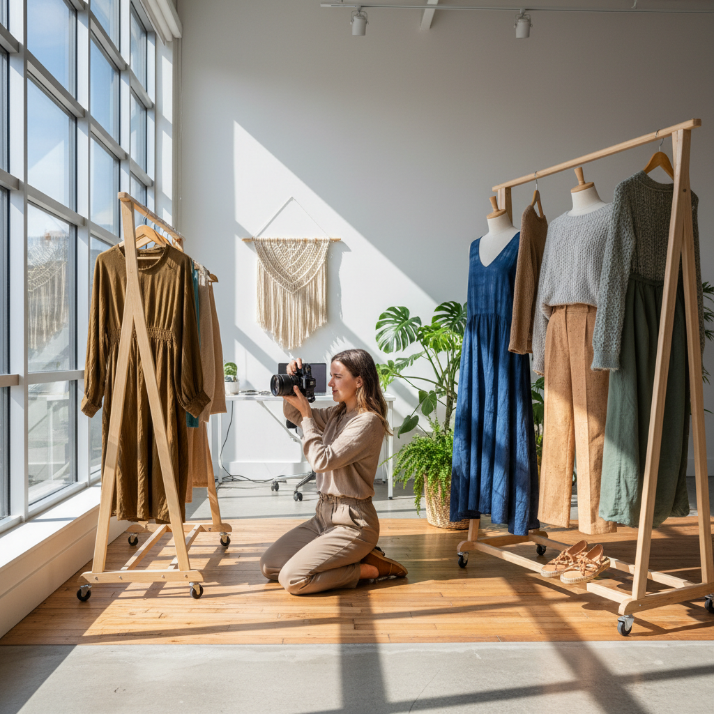 Bright airy studio with natural light, white walls, women in elegant ivory and cream sustainable fashion