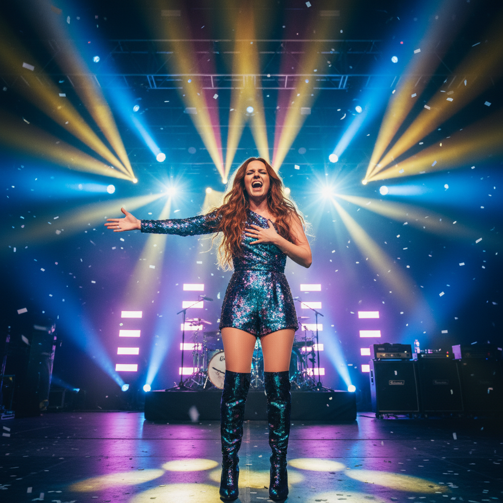 Kavita Thakur performing on stage with expressive gestures during a live music performance