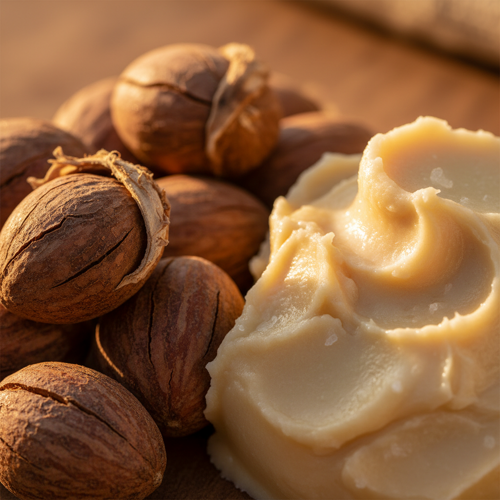 Raw shea nuts and creamy unrefined shea butter in warm golden light