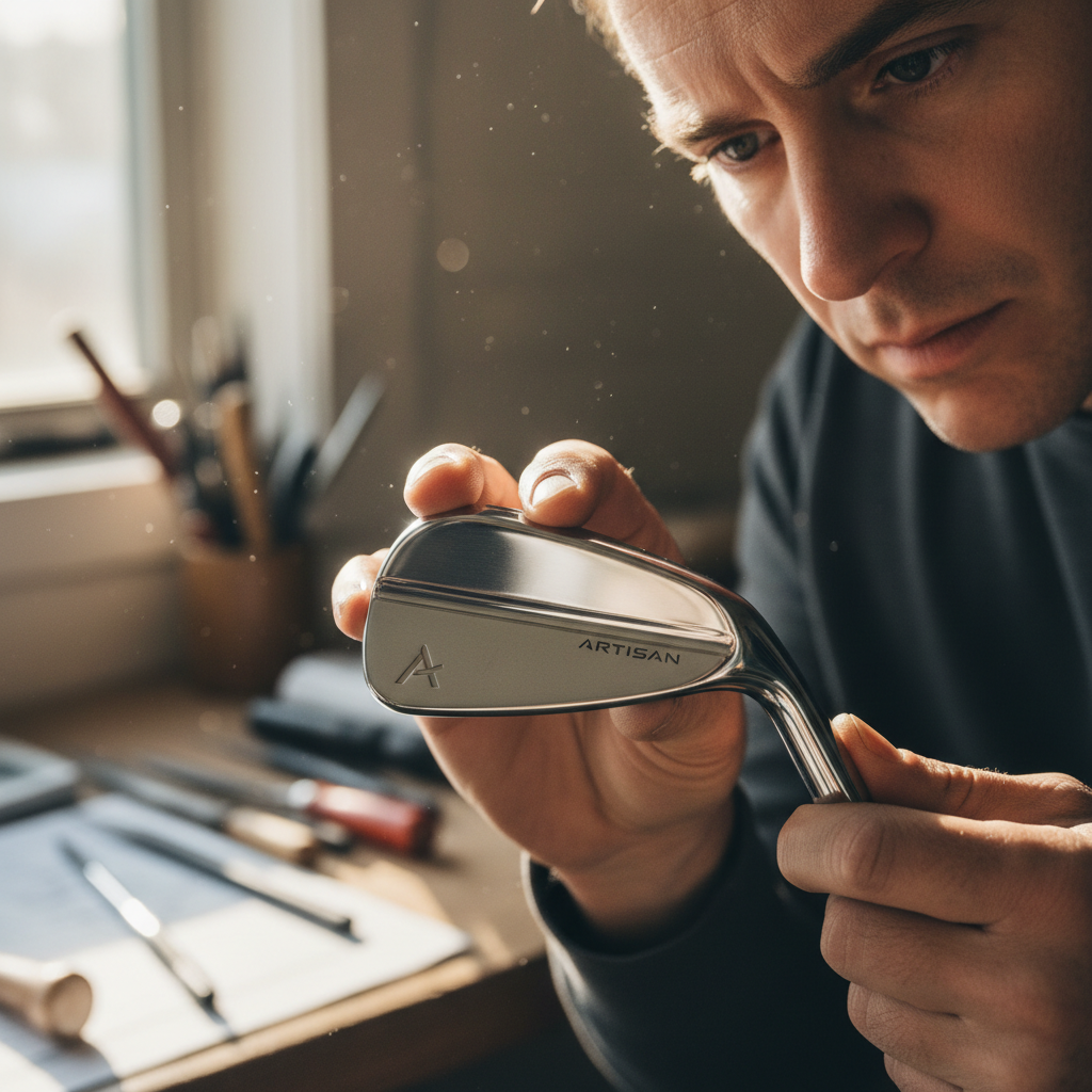 Craftsman hand-fitting a premium grip onto a golf club iron, warm workshop lighting, dark background