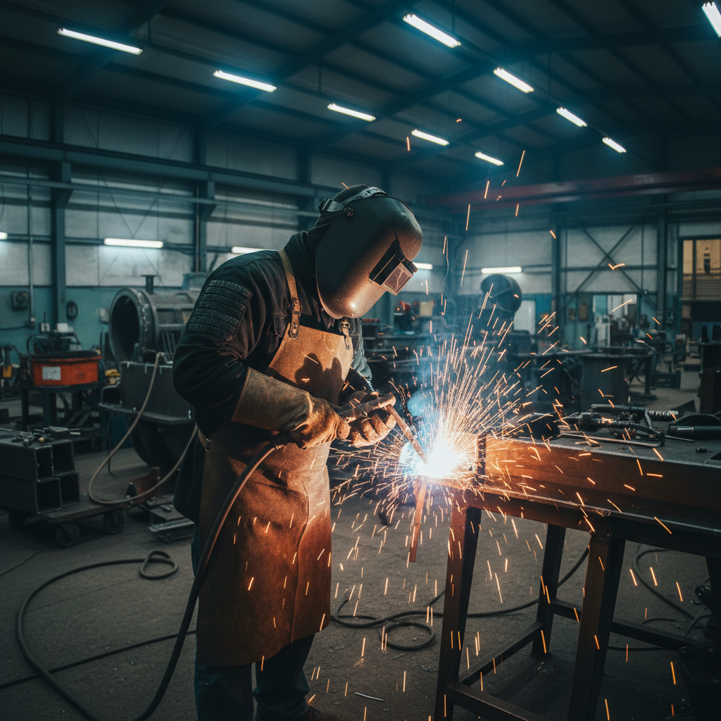 Welding and fabrication shop work, custom steel component manufacturing, sparks and protective equipment