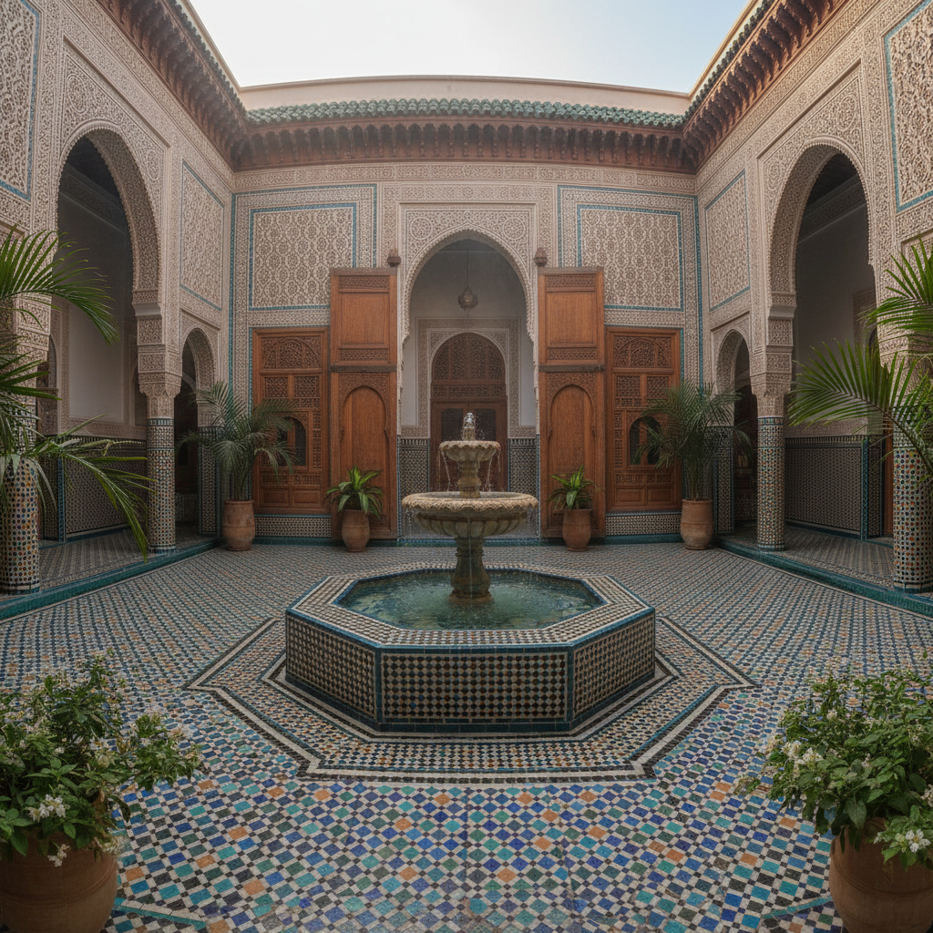 Ornate Moroccan riad courtyard with geometric tile floors and soft light