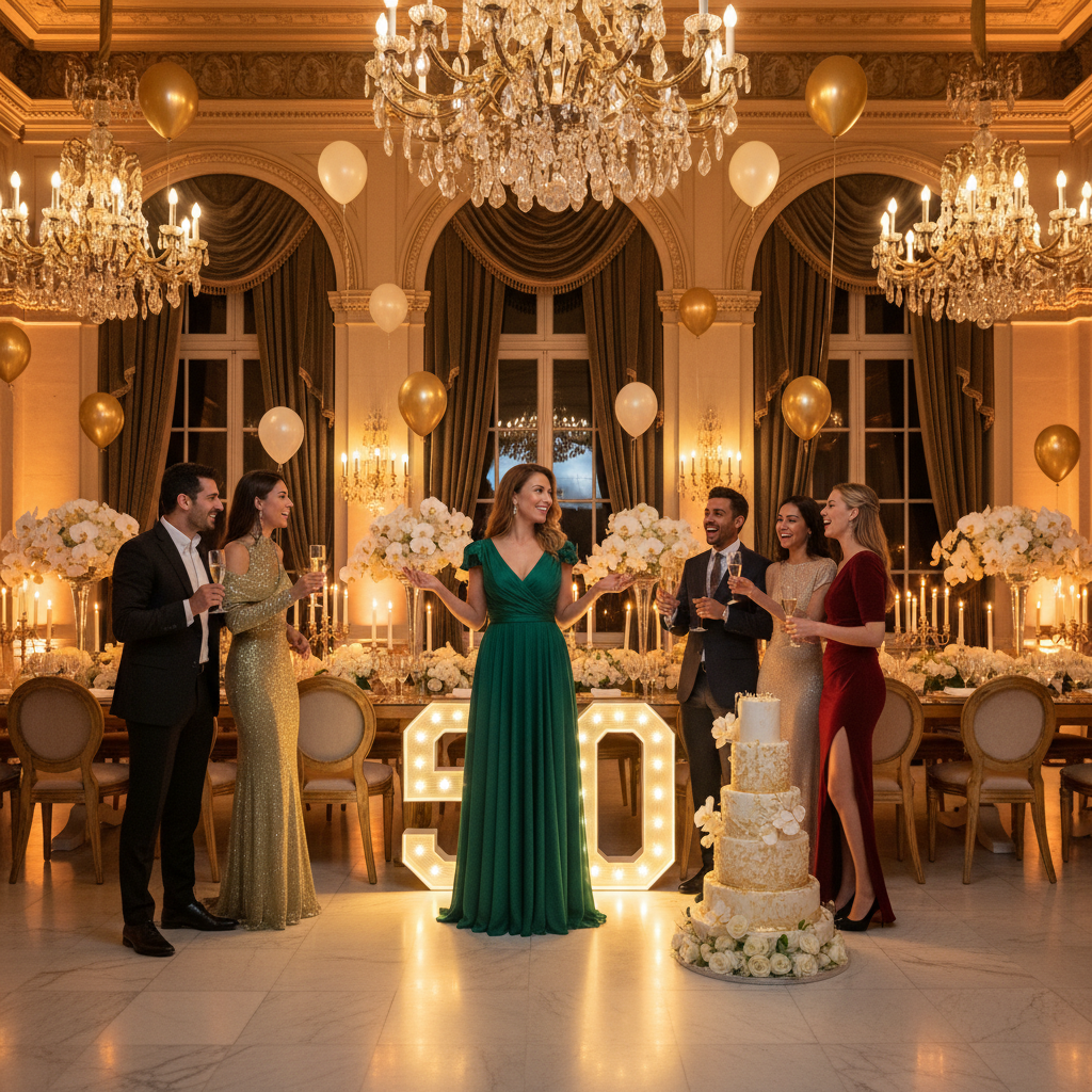 Elegant birthday celebration with champagne glasses and decorated table