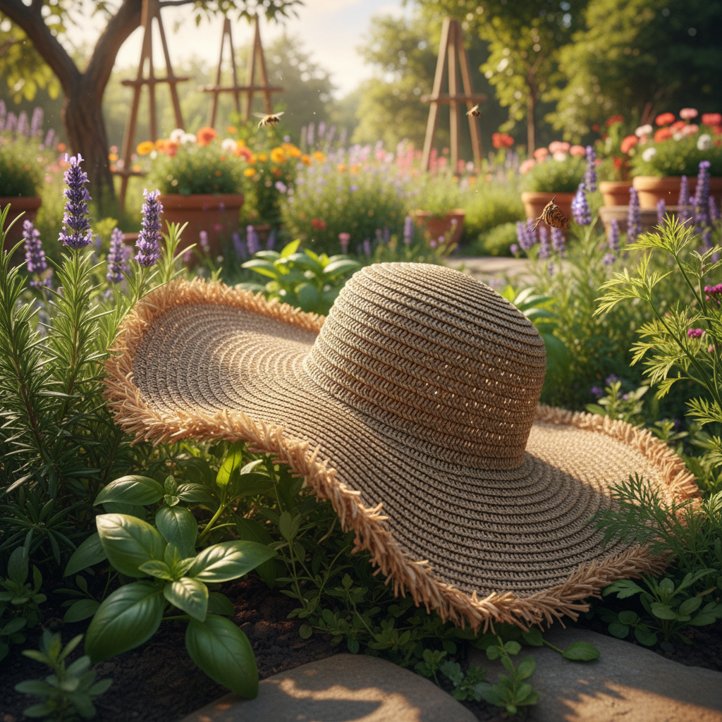 Floppy brim hat among herb garden at noon, dappled sunlight on fabric weave