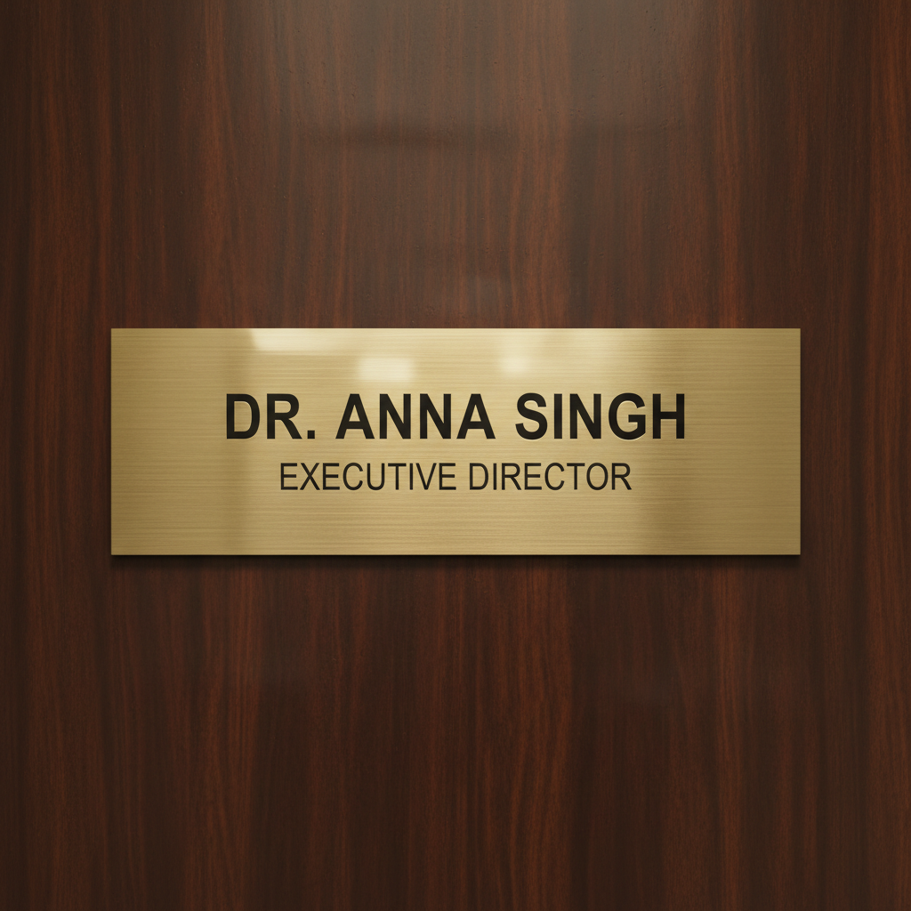 Detailed laser-engraved wooden nameplate with script lettering on warm oak surface