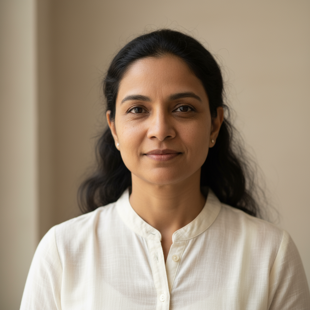 Indian woman teacher smiling, professional portrait, warm lighting