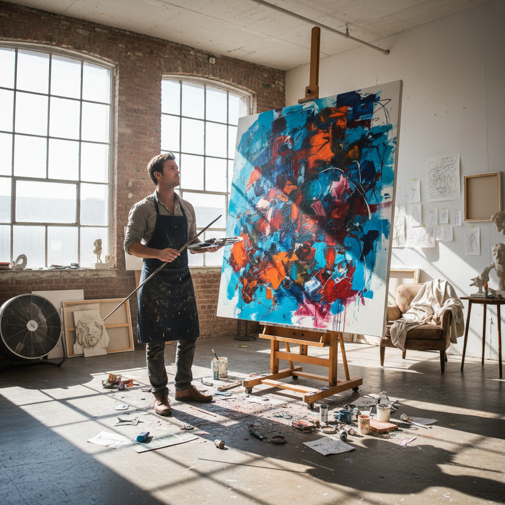 Artist Marcus Webb standing before a large cobalt blue canvas in a bright London studio, natural light from tall windows