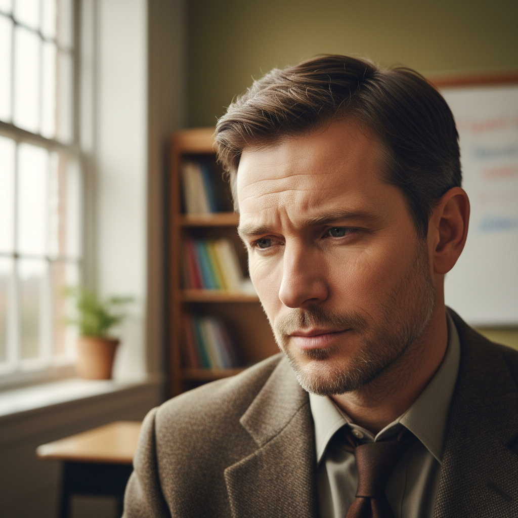 Male teacher with thoughtful expression